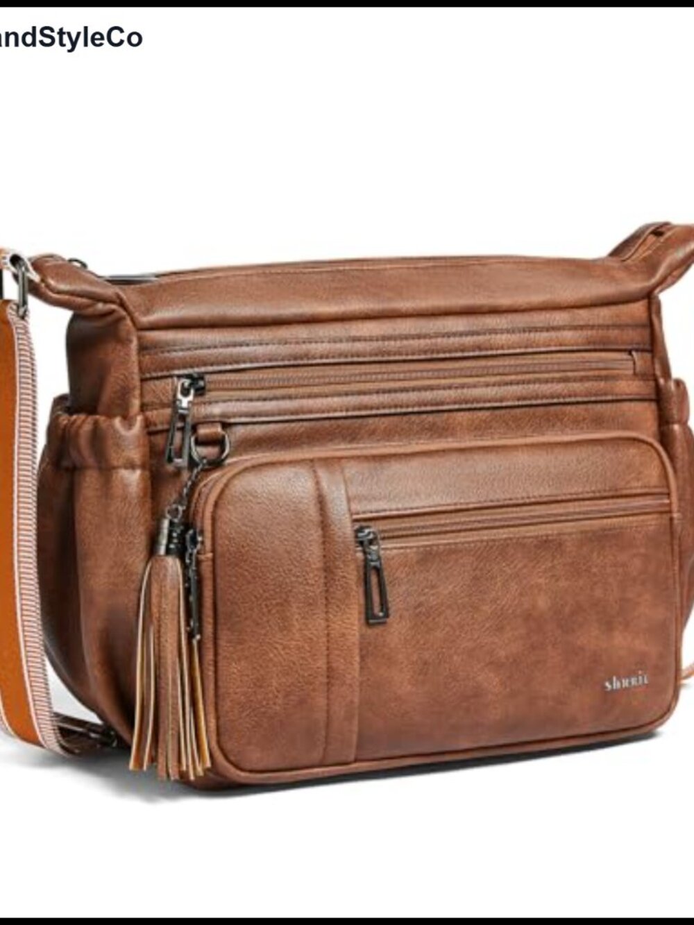 Large Faux Leather Crossbody Bag Multi Pocket Wide Strap Travel Purse